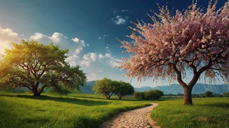 Beautiful spring landscape with blooming tree and green meadow at sunsetの写真素材