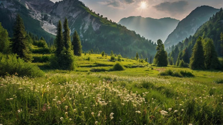 panoramic view of the mountains and meadows in the summerの写真素材