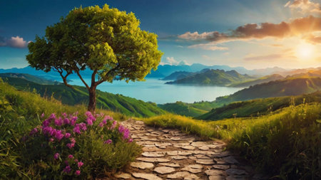 Sunset in the mountains. Beautiful summer landscape. Green grass and flowers.の写真素材