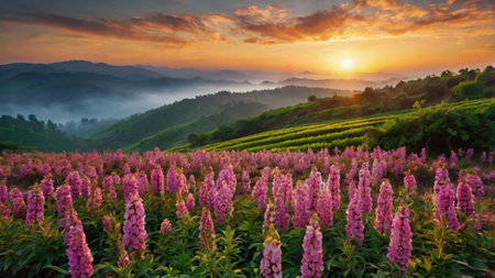 Beautiful sunrise over the mountain with purple foxglove flower in the morning