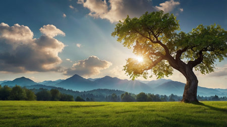 Green meadow and big old oak tree on the background of mountainsの写真素材