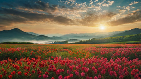 Field of poppies at sunset in the Carpathian mountainsの写真素材