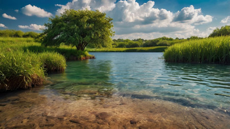 Panoramic view of the lake with green grass and trees.の写真素材