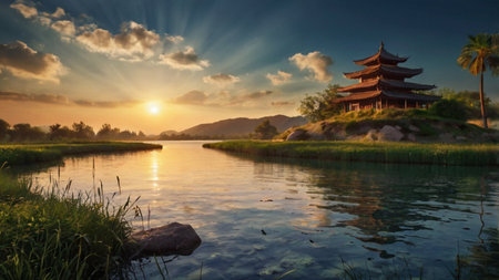 Beautiful landscape of river and mountain at sunset with reflection in waterの写真素材