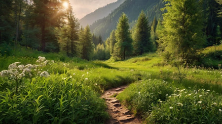 Beautiful mountain landscape with meadow and forest at sunset in summerの写真素材