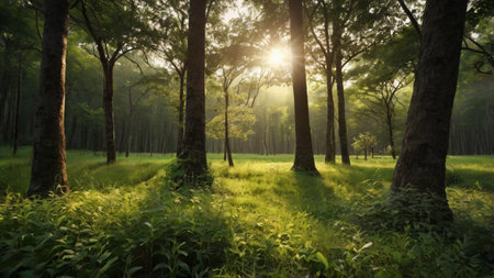 Beautiful morning sunrise in the morning forest. Nature landscape background.の写真素材