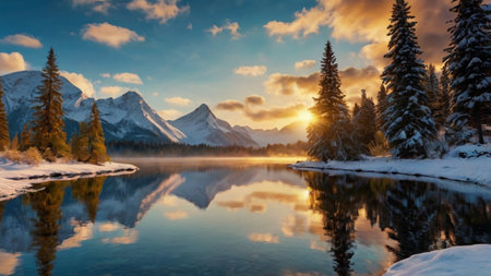 Mountain lake with snow and pine trees at sunrise. Beautiful winter landscapeの写真素材