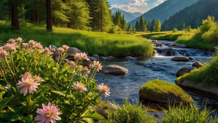 Beautiful summer landscape with a mountain river and pink flowers on the foregroundの写真素材
