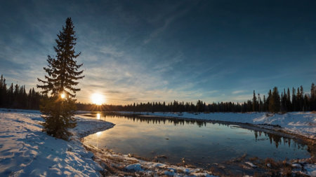 Sunset over the river in the taiga. Panoramic view.の写真素材