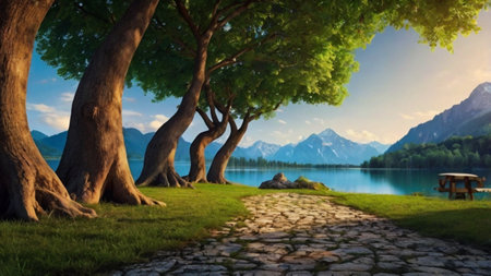 Mountain landscape with lake and old trees. Panoramic view