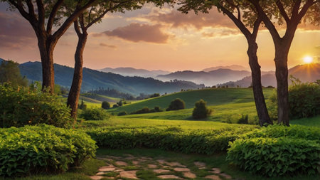 Sunset landscape with green hills and meadowsの写真素材