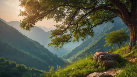 Beautiful landscape of mountains and trees in the morning light at sunriseの写真素材