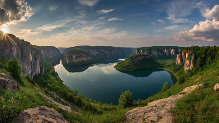 Panoramic view of the cliffs and the lake at sunset.の写真素材
