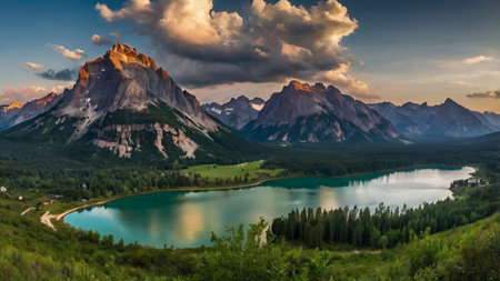 Panoramic view of famous Dolomites mountain lake in Italyの写真素材