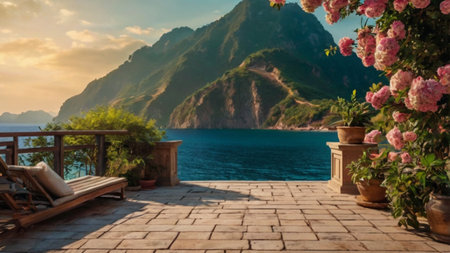 Beautiful view of the sea and mountains from the terrace.の写真素材