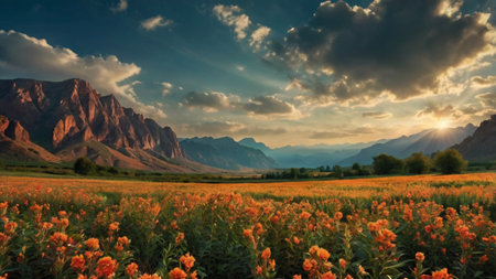 Sunset in the meadow with flowers and mountains in the backgroundの写真素材