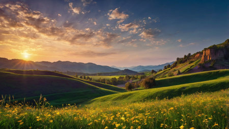 Beautiful sunset in Tuscany, Italy. Landscape with hills and meadowsの写真素材
