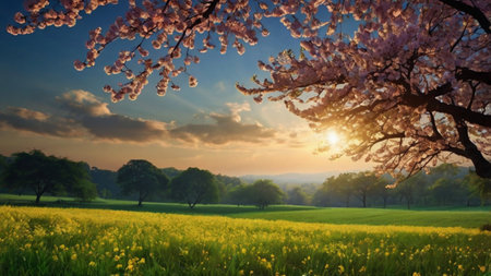 cherry blossom in the meadow at sunset, spring landscapeの写真素材