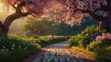 Cherry blossom in the garden, spring landscape with blooming trees.の写真素材