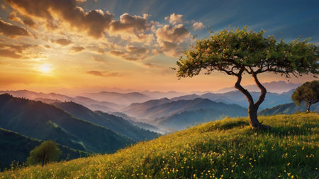 Lonely tree on the hillside at sunset. Beautiful summer landscapeの写真素材