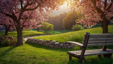 Bench and cherry blossom in the park at sunset, spring time