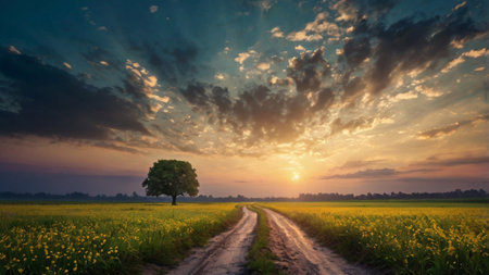 Green meadow with lonely tree and blue sky with clouds - nature backgroundの写真素材