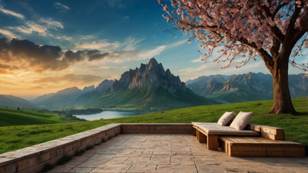 Sun loungers on a terrace with a view of the mountain lakeの写真素材