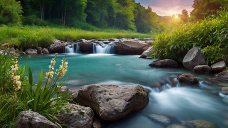 Beautiful mountain river in the forest at sunset. Nature background.