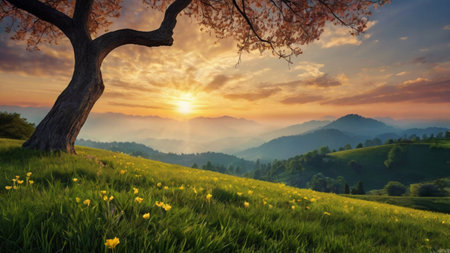 Beautiful spring landscape with blooming meadow and tree at sunsetの写真素材
