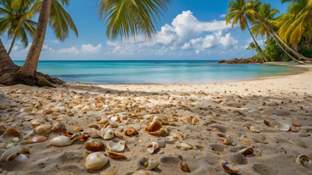 Seashells and palm trees on the tropical beach, Seychelles