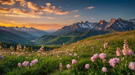 Sunset in the mountains with pink flowers in the foreground, Dolomites, Italyの写真素材