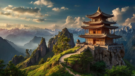 Panoramic view of pagoda in the mountains at sunset.の写真素材