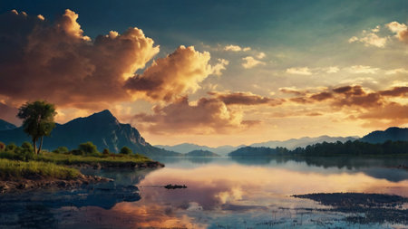 Beautiful sunset on the lake. Landscape with mountains and cloudsの写真素材