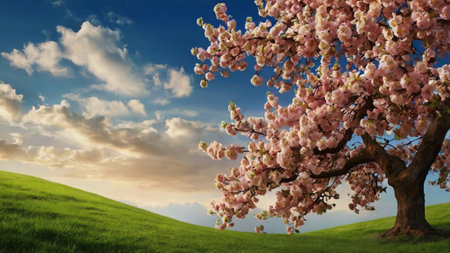 Blossoming cherry tree on green meadow and blue sky with clouds