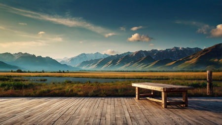 Pathway with green trees and lake in the morningの写真素材