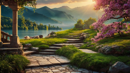 Staircase to the lake in the mountains at sunset. Beautiful landscape.の写真素材