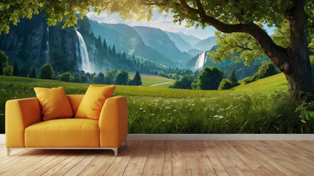 Composite image of yellow sofa against landscape with mountains and waterfallの写真素材