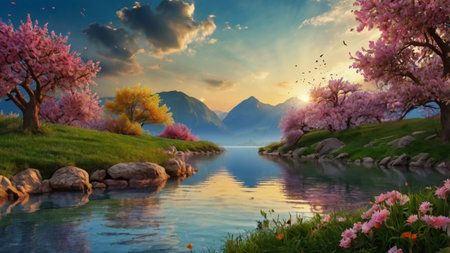 Beautiful mountain landscape with a small river in the foreground and pink flowers