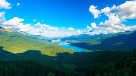 Aerial view of mountain lake and forest. Beautiful summer landscape.