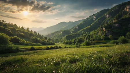 Beautiful summer landscape with mountains and meadow in the morning.の写真素材