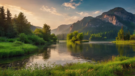 Panoramic view of the mountain river. Picturesque summer landscape.の写真素材