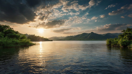 Sunset on the Mekong River in Laos. Panorama.の写真素材