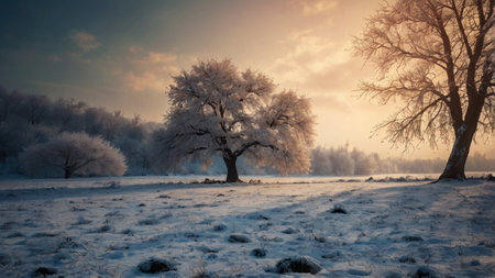 Beautiful winter landscape with frosty trees in the foggy morning