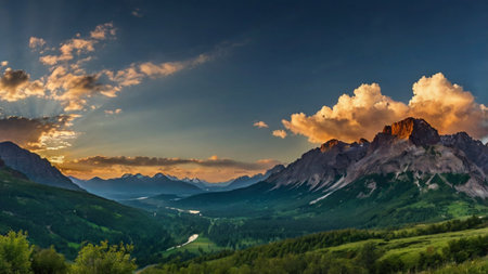 Sunset in the Dolomites, Italy. Panoramic viewの写真素材