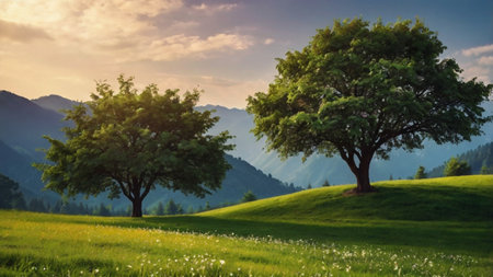 Beautiful summer landscape with tree on meadow and mountains in background