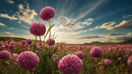 Field of pink flowers on a background of blue sky with clouds.の写真素材