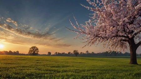Beautiful cherry blossoms at sunset. Spring landscape.