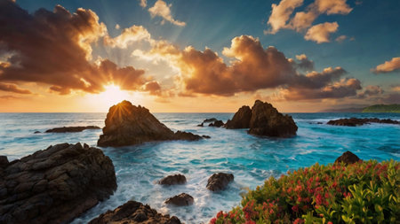 Beautiful seascape at sunset. Panoramic view.