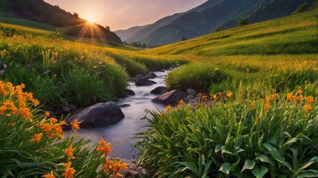 Terraced rice field with daylily flowers at sunset.