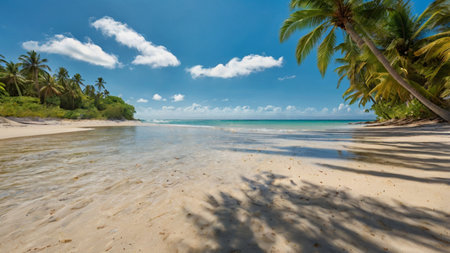 tropical beach with coconut palm trees and blue sky, panoramaの写真素材